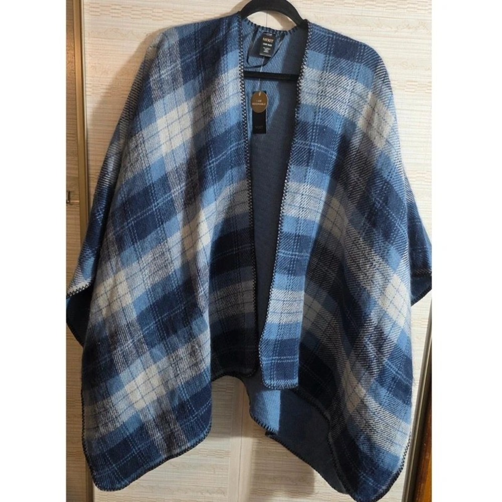 Mixit Blue Reversible Open Front Poncho Peacoat Check Plaid Wrap OS NWT